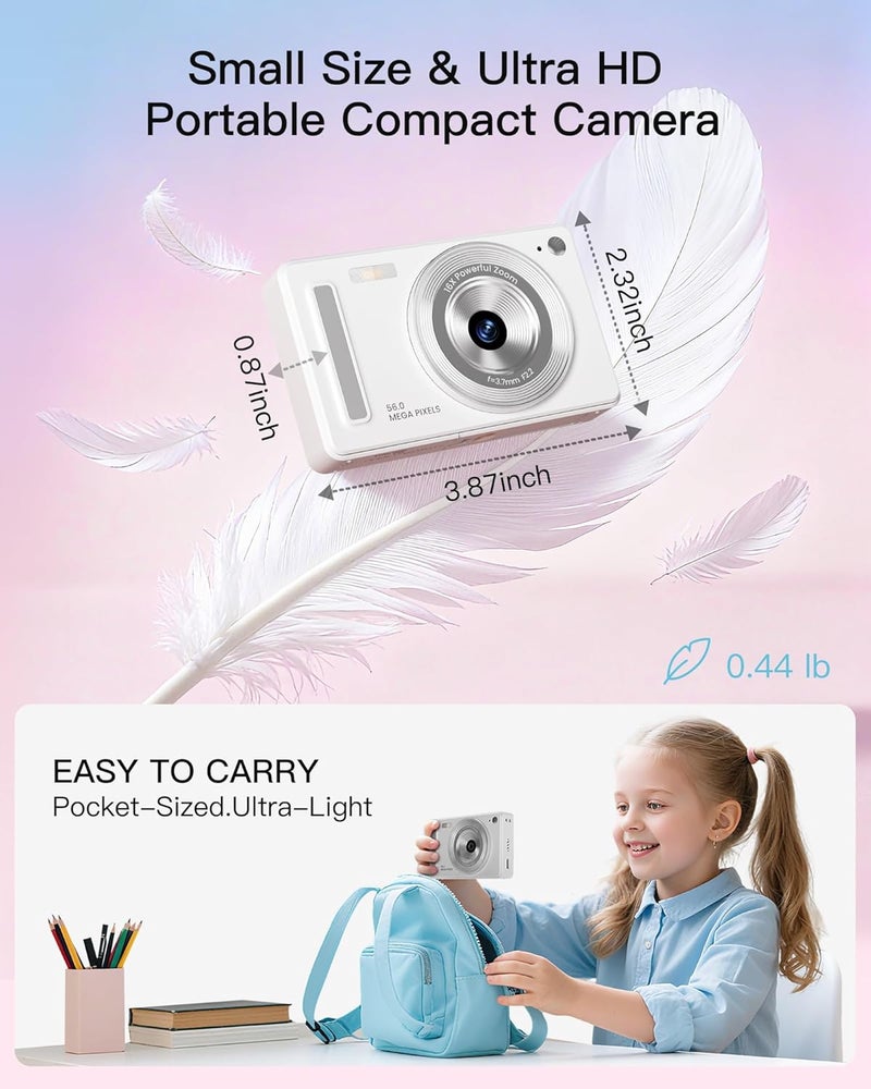 WONNIE كاميرا رقمية، كاميرا تصوير فوري FHD 1080P مع بطاقة SD سعة 32GB، 2 بطاريات، زوم 16X، مضادة للاهتزاز، تصميم صغير مدمج للأطفال والمراهقين والطلاب والفتيات والفتيان (أبيض) - Image 4